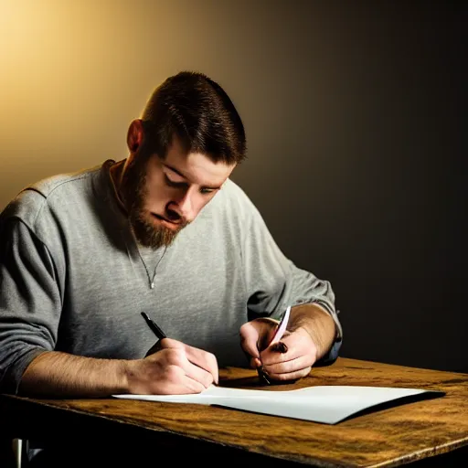 Image similar to a photograph of a man writing the novel of his life story, award - winning photograph, studio lighting, dramatic colors, striking lighting, perfect composition