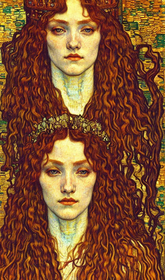 Image similar to detailed realistic beautiful young medieval queen face portrait by jean delville, gustav klimt and vincent van gogh, art nouveau, symbolist, visionary, gothic, pre - raphaelite, muted earthy colors, desaturated