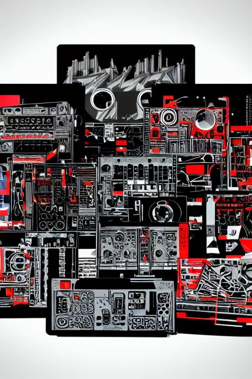 Image similar to drum machines and synththezisers, modular, in the style of akira, tron, sculpted by gaudi