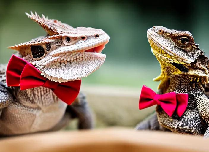 Image similar to dslr portrait still of a bearded dragon wearing a top hat and a red bowtie, 8 k 8 5 mm f 1. 4