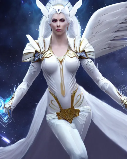 Image similar to perfect white haired egyptian goddess wearing white dove wings, warframe armor, regal, attractive, ornate, sultry, beautiful, charlize theron, half asian, pretty face, blue eyes, detailed, scifi platform, 4 k, ultra realistic, epic lighting, cinematic, masterpiece, art by akihito tsukushi, voidstar, trending on artstation