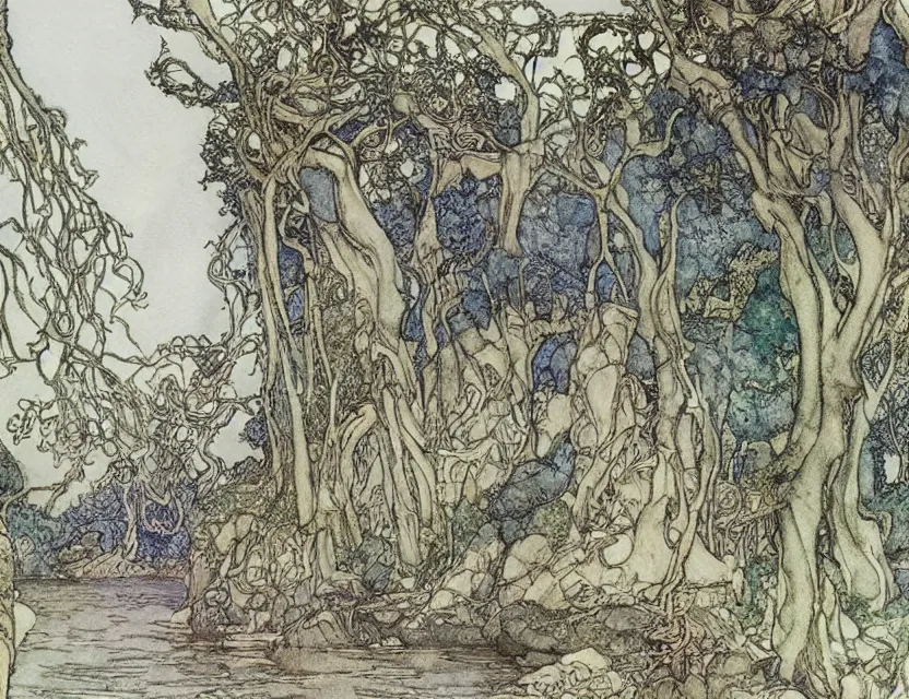 Image similar to a detailed, intricate watercolor and ink illustration with fine lines of the view from the river of an art nouveau rivendell, by arthur rackham and edmund dulac and lisbeth zwerger