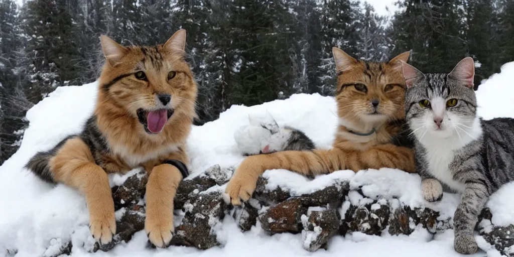 Prompt: a dog and a cat in the top of a snow mountain