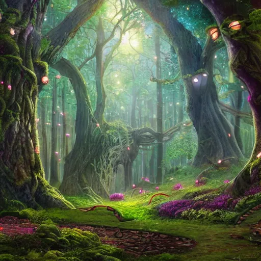 Prompt: A Giant magical fantasy forest, wallpaper, digital art, ultra detailed, disney,