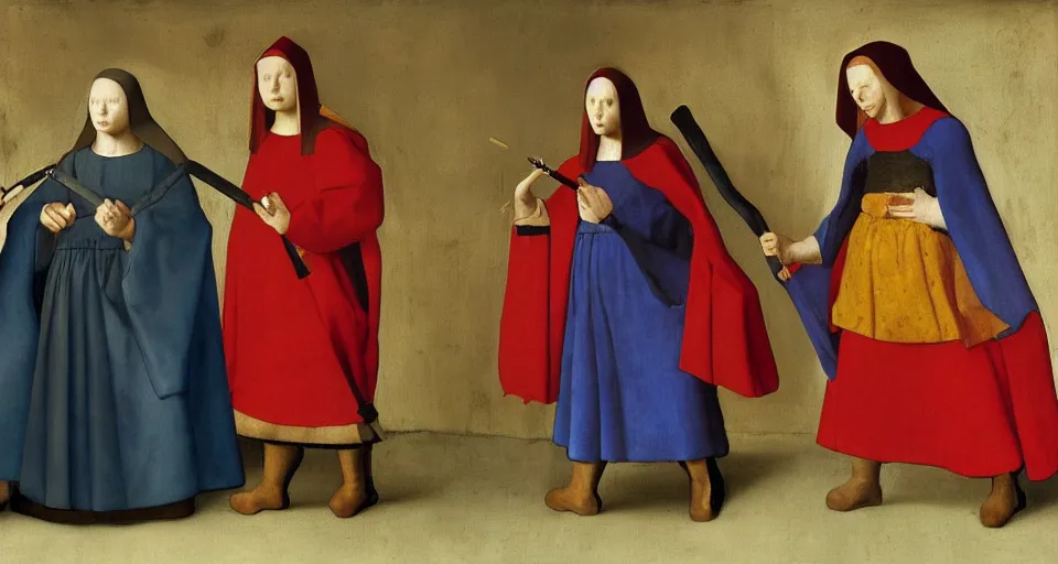 Prompt: a painting of 3 superhero nuns holding nunchucks, medieval painting by Jan van Eyck, Johannes Vermeer