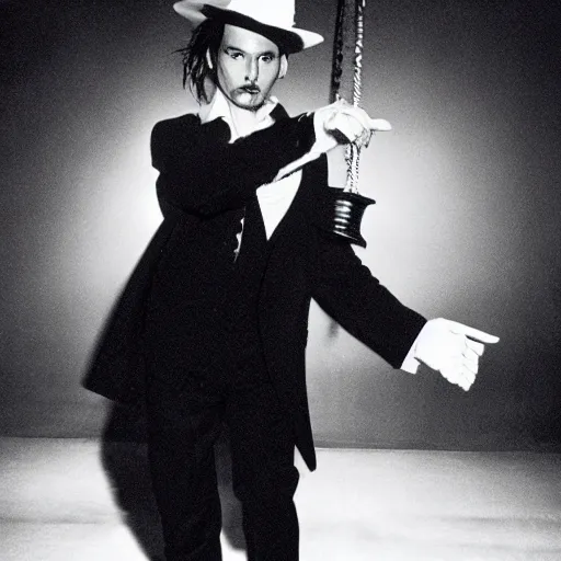 Prompt: a cinematic publicity photograph of a 20 year old johnny Depp tap dancing