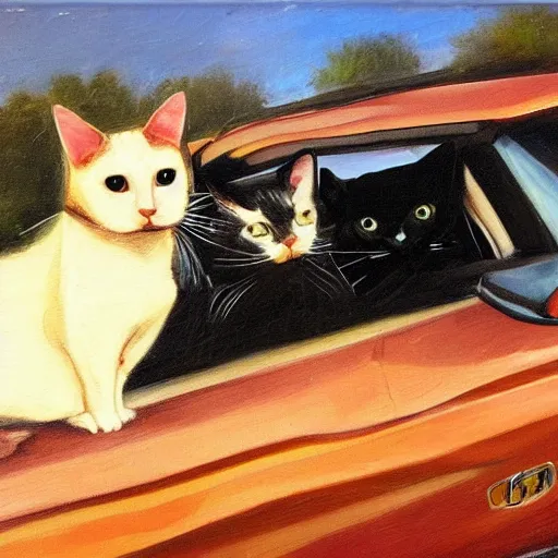 Image similar to corvette with cats sitting in and on the car, old dutch painting, golden hour, shadows, wide shot