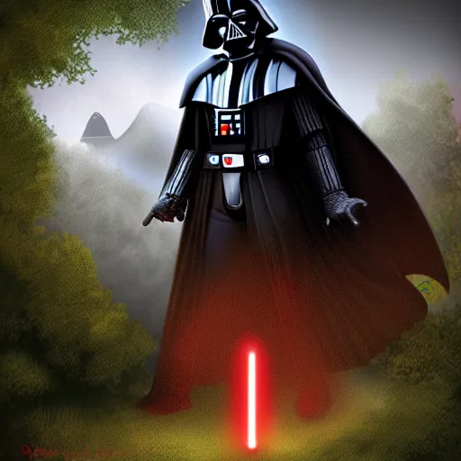 Image similar to darth vader visiting frodo in the shire, digital art,