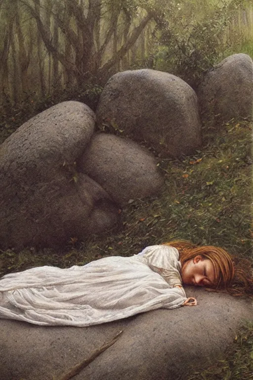 Prompt: peasant girl sleeping on a stone in a foggy forest, high-key lightning, realistic, aesthetic, sad atmosphere, neutral colors, detailed illustration, oil on canvas by Steve Hanks