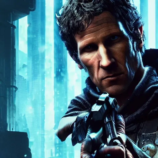 Image similar to todd howard pointing a gun towards the camera and forcing you to buy skyrim, threatening, sharp, cinematic, colorful, digital, neon, bright, cyberpunk, blade runner 2 0 4 9, realistic