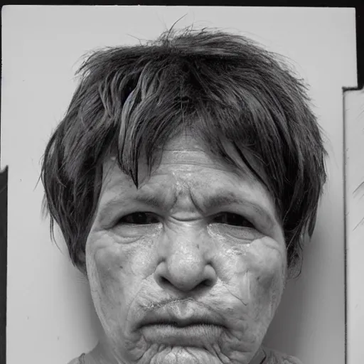 Image similar to chicken headed human, mugshot