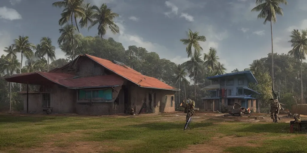 Prompt: a militarised spaceship parked infront of a house in a kerala village, photorealistic, 4k, matte painting, cinematic by simon stalenhag