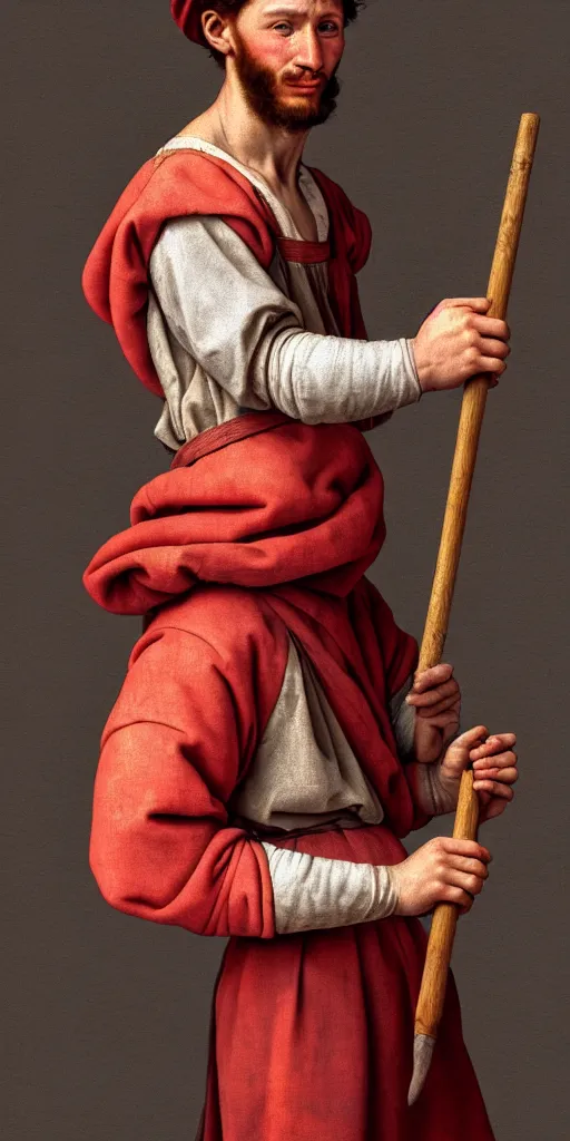 Image similar to a twenty - something michelangelo wearing peasant clothing of the renaissance holds a chisel in one hand and a mallet in the other, photorealistic, hyperdetailed, studio lighting, octane render, caustics