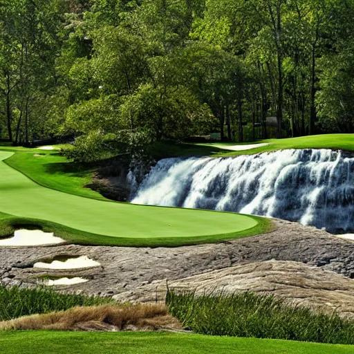 Image similar to golf course with waterfall