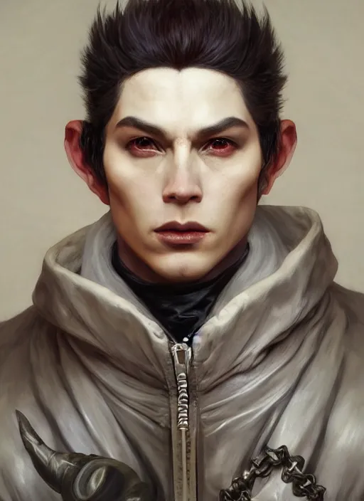 Prompt: king demon half human, elegant, wearing a bomber jacket, hyper realistic, white horns, extremely detailed, dnd character art portrait, fantasy art,, dramatic lighting, vivid colors, artstation, by edgar maxence and caravaggio and michael whelan and delacroix, lois van baarle and bouguereau