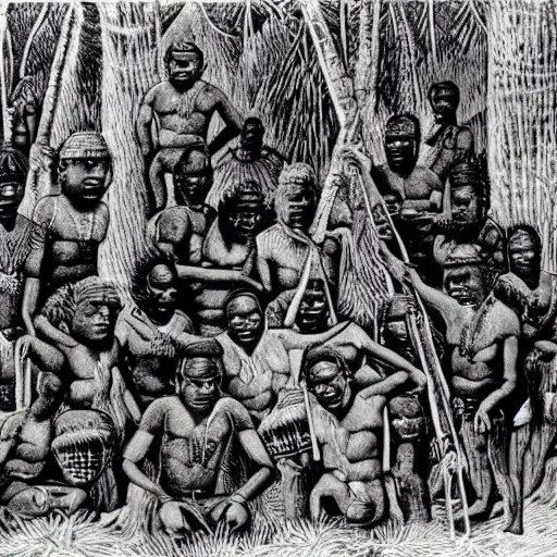 Image similar to ancient igbo ceremony where shamans wearing fearsome tribal masks emerge from dark woods.