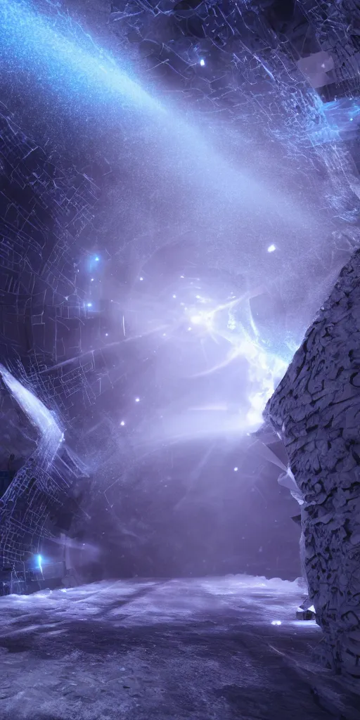 Image similar to interdimensional galaxy portal covered in frost, ice gate, volumetric light, volumetric fog, unreal engine, photorealistic, 8 k