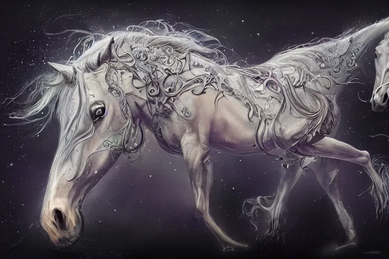 Image similar to a wlop 3 d render of very very very very highly detailed beautiful mystic portrait of a phantom undead horse with whirling galaxy around, tattoos by anton pieck, intricate, extremely detailed, digital painting, artstation, concept art, smooth, sharp focus, illustration, intimidating lighting, incredible art,