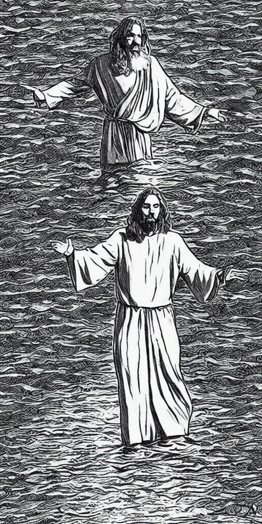 Image similar to jesus walking on water, drawing by alan moore,