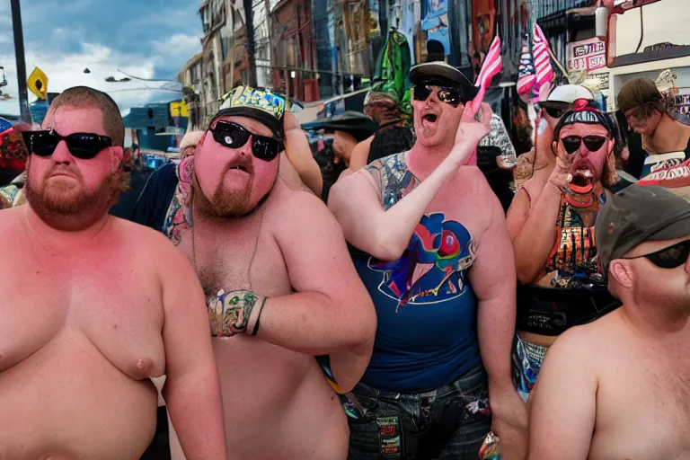 Image similar to pride party of fat racist rednecks, street photography, photojournalism