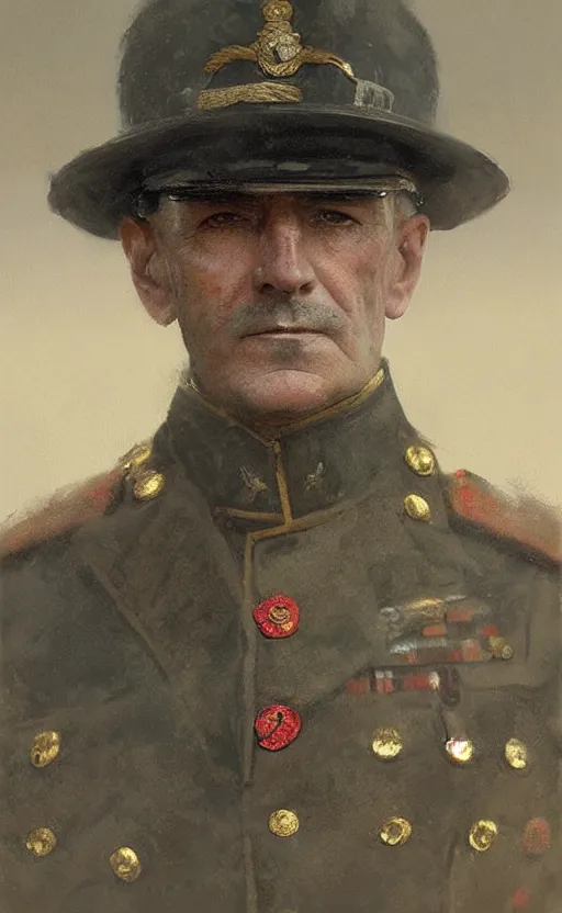 Prompt: official portrait of a British general WWI, detailed face, 20th century, highly detailed, cinematic lighting, digital art painting by greg rutkowski