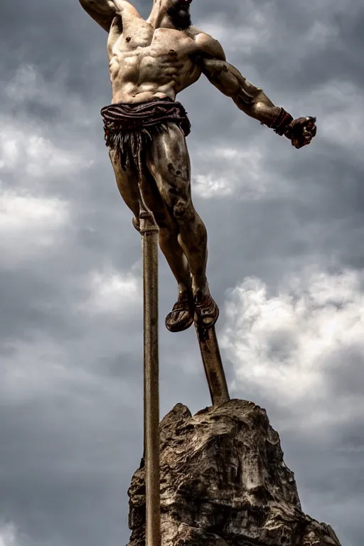 Image similar to kratos fighting against cristo redentor statue, 8 k, hdr, great light, gustave courbet, annie leibowitz