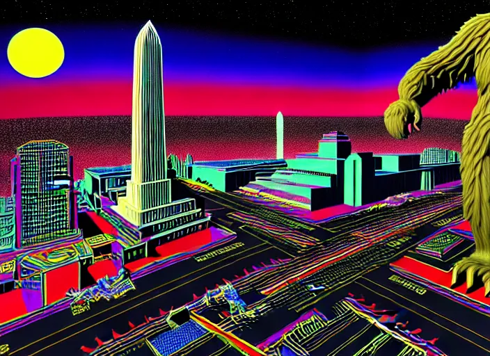 Prompt: maximalist 3 d render of giant bigfoot destroying washington dc, debris and fire, collapsed buildings, monster, hyperdetailed against a psychedelic surreal background in the style of 1 9 9 0's cg graphics against the cloudy night sky, lsd dream emulator psx, 3 d rendered y 2 k aesthetic by ichiro tanida, 3 do magazine, wide shot