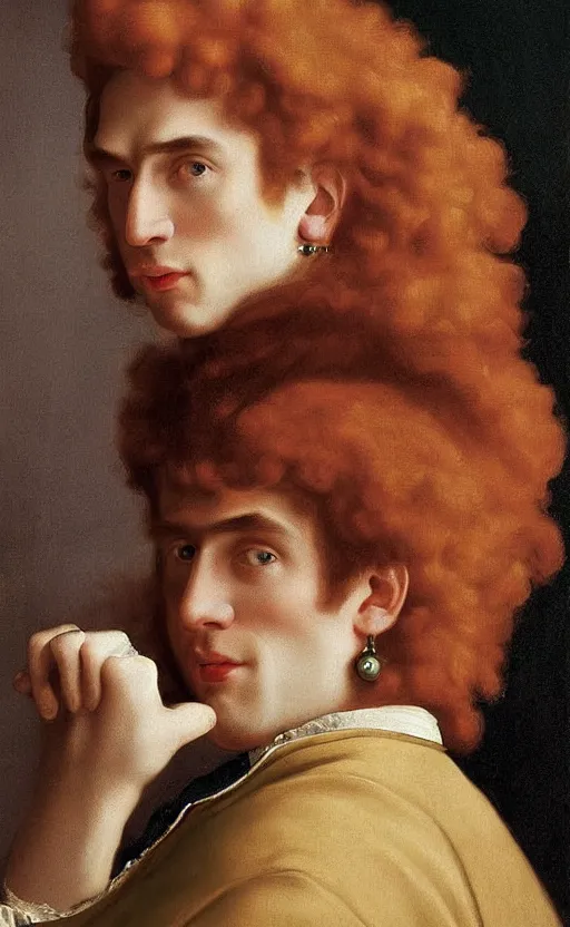 Prompt: handsome young man with reddish curly hair, in rich Russian furcoat, with pearl earring, Russian Empire, cinematic lighting, highly detailed, digital art, Renaissance painting, framed, by Leyendecker, by Rutkowsky,