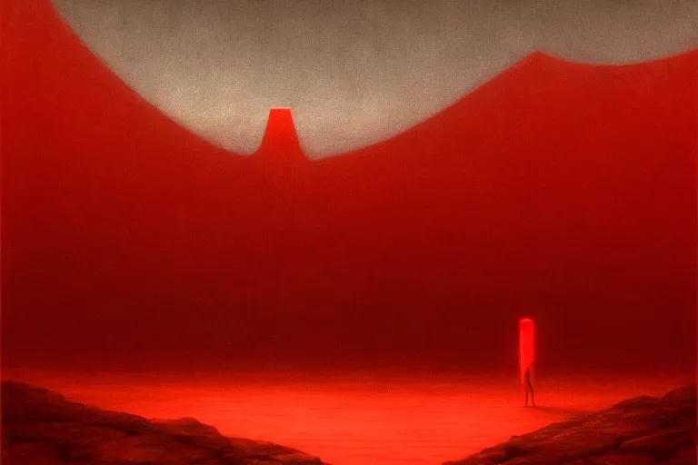 Image similar to only with red, a red god of death eat apple, a futuristic city on mars in background, an ancient path, pathos, in the style of beksinski, part by hopper, part by rodcenko, part by hofbauer, intricate composition, red by caravaggio, insanely quality, highly detailed, masterpiece, red light, artstation