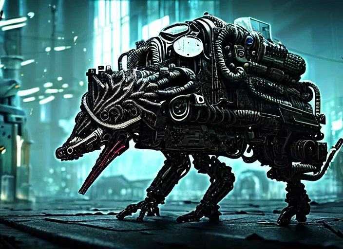 Image similar to intricate terminator hedgehog, on the background of a weird magical mechanical forest. Very detailed 8k. Fantasy cyberpunk horror. Sharp. Cinematic post-processing. Unreal engine. Nanite. Ray tracing. Parallax. Tessellation