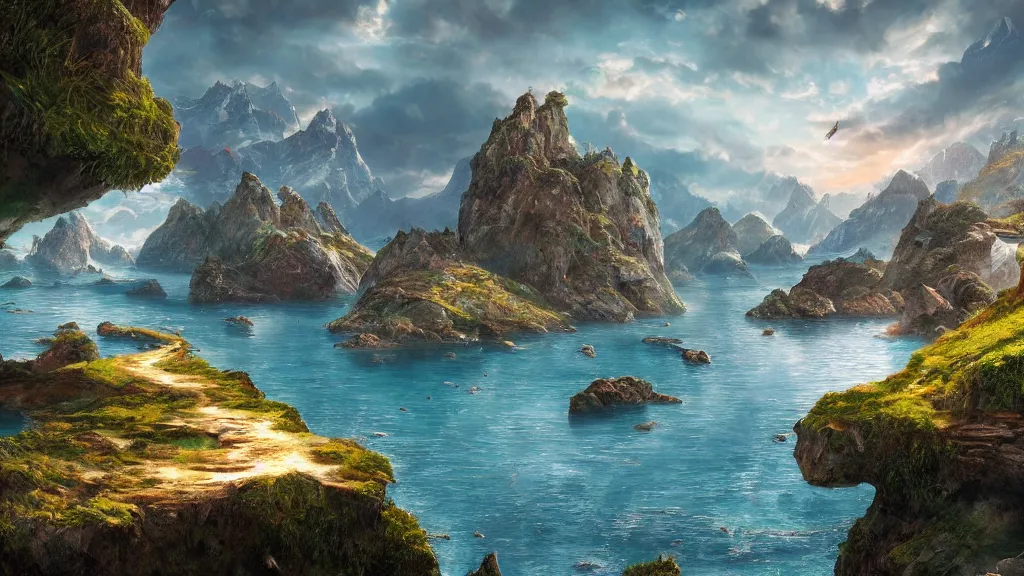 Image similar to archipelago, fantasy artwork, very very very beautiful switzerland landscape, hd, hdr, ue5, ue6, unreal engine 5, cinematic 4k wallpaper, 8k, ultra detailed, high resolution, artstation, award winning