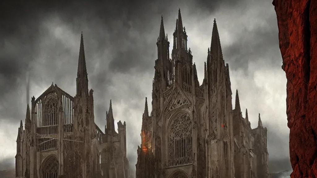 Prompt: an atmospheric film still by Christopher Nolan with a huge towering dark gothic cathedral :: with epic stained glass windows, breathtaking gothic architecture, tall spires, bloodborne cathedral, carved out of rock, at the top of a red rock canyon