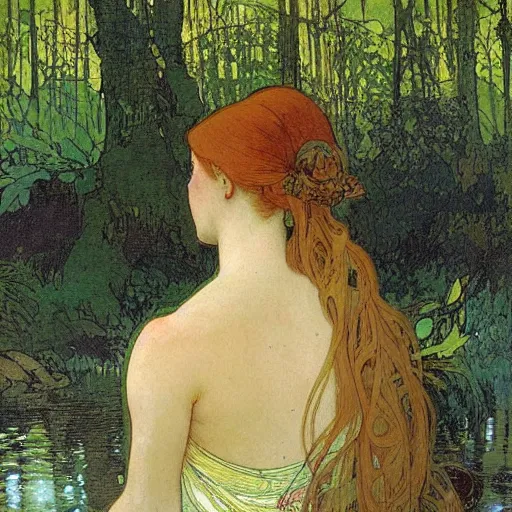 Prompt: a beautiful painting of the back view of a young lady washing her long hair by the river in a grown forest, sunlight reflected on the river, Celtic, by Mucha