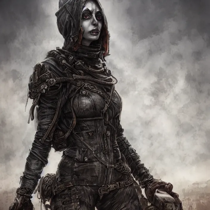 Image similar to beautiful apocalyptic woman in hooded cloak, standing on mad max panzer tank, hyper-detailed, smooth, sharp focus, 4k ultra hd, fantasy dark art, tank girl, artgerm, artstation, octane render, elegant, detailed digital painting, apocalyptic art