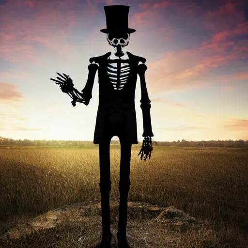 Image similar to Photograph of skeleton wearing a suit and top hat at sunset. cinematic, hyper realism, high detail