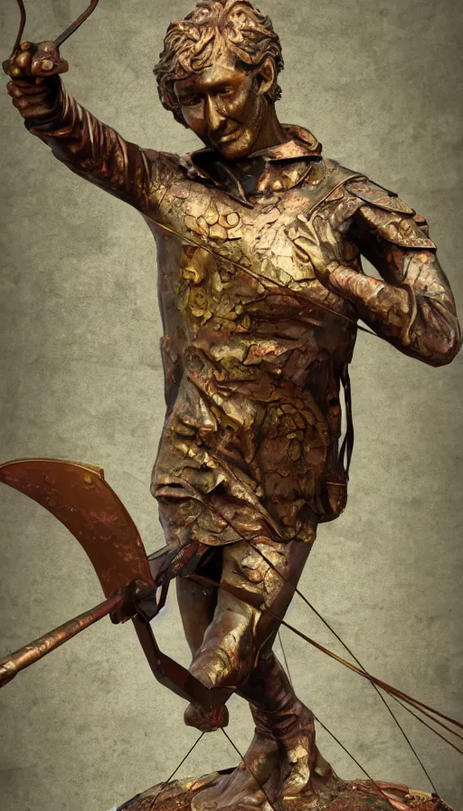 Image similar to An epic fantastic realism comic book style painting of a distressed bronze archery sculpture from the future by Stanislaw Szukalski, beautiful colorful flowers rain down, gilded marbled paper background, archer, fisheye lens, unreal 5, DAZ, hyperrealistic, octane render, dynamic lighting