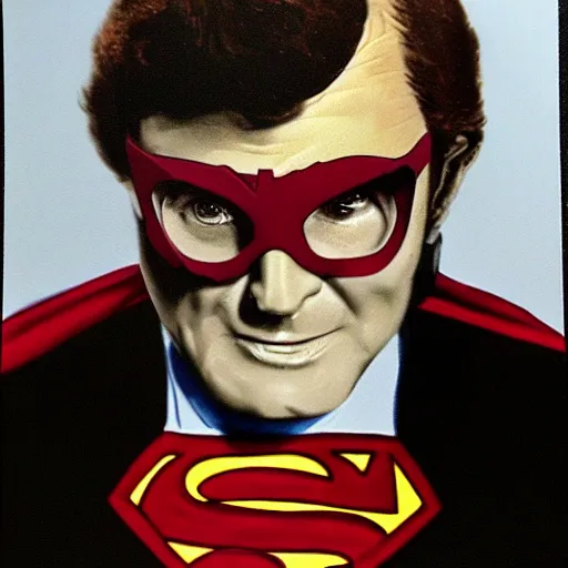 Prompt: portrait of charles nelson reilly dressed as superman, paint on black velvet, realistic, detailed