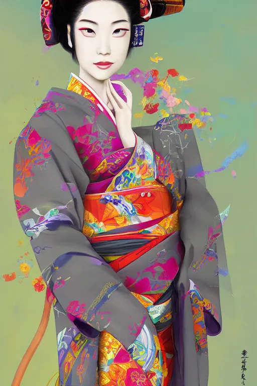 Image similar to a professional painting of a beautiful Japanese Geisha girl, in brightly colored kimono, long dark hair, beautiful bone structure, symmetrical facial features, intricate, elegant, digital painting, concept art, smooth, sharp focus, illustration, from StarCraft by Ruan Jia and Mandy Jurgens and Artgerm and William-Adolphe Bouguerea