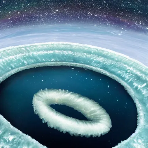 Prompt: ice rings around a beautiful planet melting into rings of rivers with otter aliens swimming through them along with lots of little colorful fish