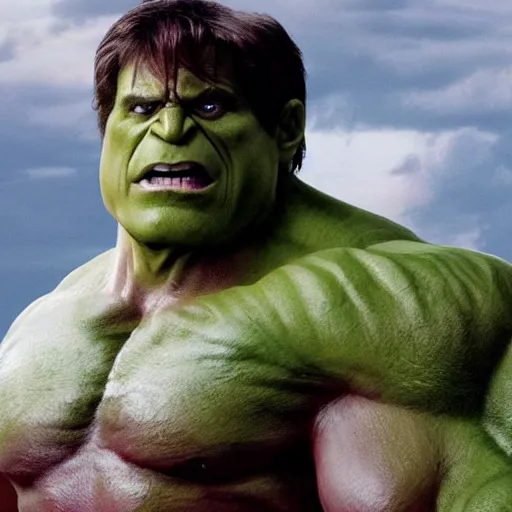 Prompt: steve carell as the incredible hulk, movie still