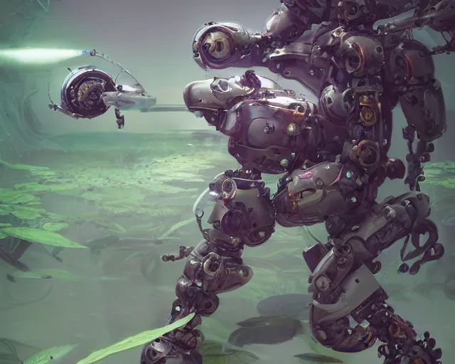 Image similar to waterlily mobile combat suit floral robot, biomechanical, waterlily mecha nymphaea, detailed illustration, concept art, smooth, sharp focus, art by john collier, albert aublet, krenz cushart, artem demura, syd mead, beeple, cyril rolando