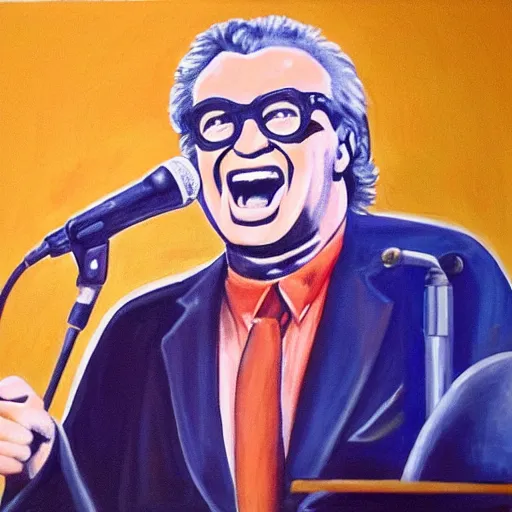 Image similar to painting of harry caray singing in press box