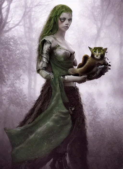 Image similar to medieval female warrior, green eyes, dark forbidden forest, wolves, white cat, by Lecouffe-Deharme, by Natalie Shau