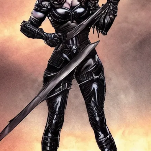 Prompt: a beautiful warrior woman with dark hair, wearing black jumpsuit covered by plates of black body armour, she is holding a long staff, detailed face, smooth, sharp focus, graphic novel, art by pepe larraz,