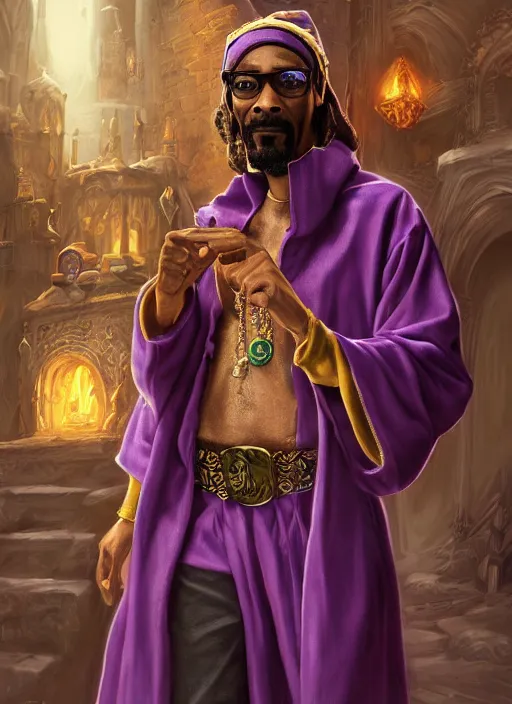 Image similar to snoop dogg as a mage, short beard, grumpy, intricate purple robes, Ivan Aivakovsky, Boris Vallejo, epic fantasy character art, D&D Concept Art, full length, ultra Realistic, Regal, Refined, Detailed Digital Art, Exquisite detail, post-processing, masterpiece, Cinematic Lighting, Unreal Engine, 8k, HD,