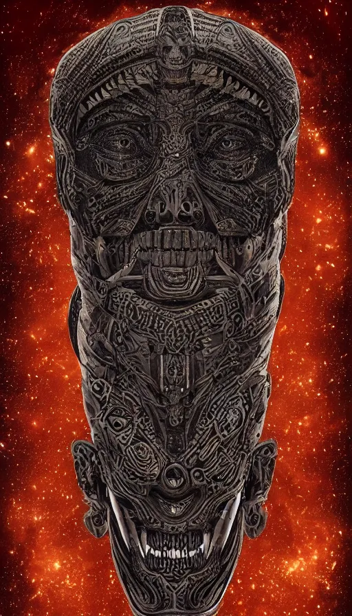 Prompt: ancient interstellar hybrid aztec fantasy beautiful alien symmetrical human face skull mask tattoo pattern concept, teonanacatl glyph, intricate artwork by, Johnatan Wayshak, Zdizslaw Beksinski, face by Artgerm, H.R. Giger, very coherent artwork, cinematic, hyper realism, high detail, octane render, unreal engine, 8k, High contrast, higly detailed black ink outline, crosshatch sketch gradient