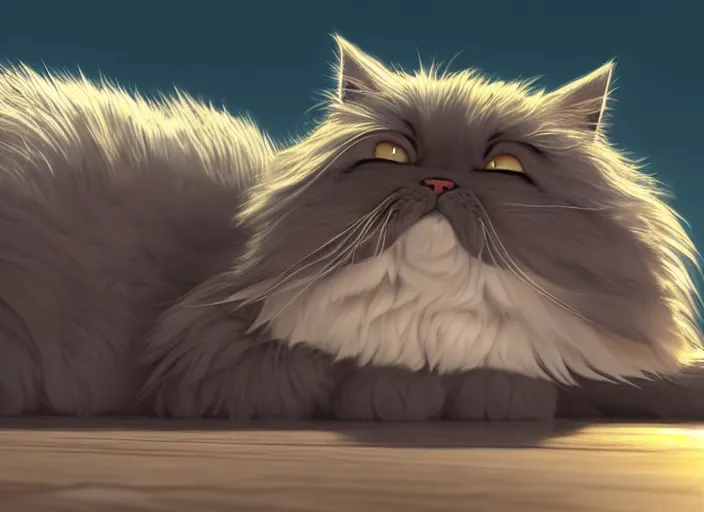 Image similar to a wholesome animation key shot of a persian cat sleeping, long fur, close up, studio ghibli, pixar and disney animation, sharp, rendered in unreal engine 5, clear sky, anime key art by greg rutkowski, bloom, dramatic lighting