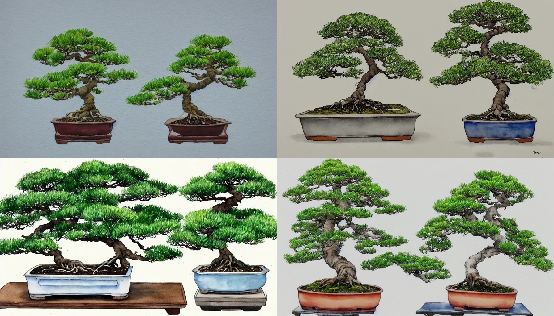 Prompt: bonsai tree collection, standing on wodden stands, watercolor and ink