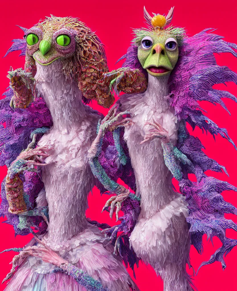 Image similar to hyper detailed 3d render like a Oil painting - kawaii portrait of two Aurora (a beautiful skeksis muppet fae princess protective playful expressive from dark crystal that looks like Anya Taylor-Joy) seen red carpet photoshoot in UVIVF posing in scaly dress to Eat of the Strangling network of yellowcake aerochrome and milky Fruit and His delicate Hands hold of gossamer polyp blossoms bring iridescent fungal flowers whose spores black the foolish stars by Jacek Yerka, Ilya Kuvshinov, Mariusz Lewandowski, Houdini algorithmic generative render, golen ratio, Abstract brush strokes, Masterpiece, Edward Hopper and James Gilleard, Zdzislaw Beksinski, Mark Ryden, Wolfgang Lettl, hints of Yayoi Kasuma and Dr. Seuss, octane render, 8k