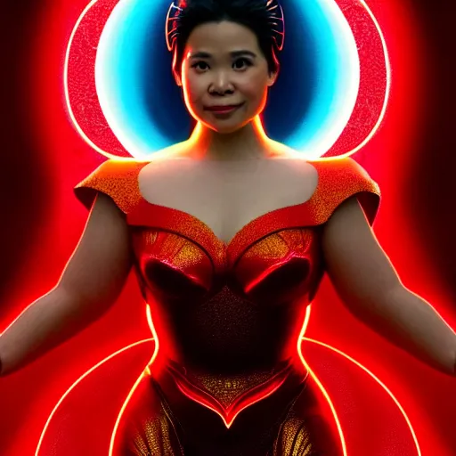 Image similar to lea salonga as darna, wax figure, glowing eyes, volumetric lights, red and cyan theme, art nouveau botanicals, intricate, highly detailed, digital painting, artstation, concept art, smooth, sharp focus, cinematic, illustration, beautiful face, art by artgerm and greg rutkowski and alphonse mucha